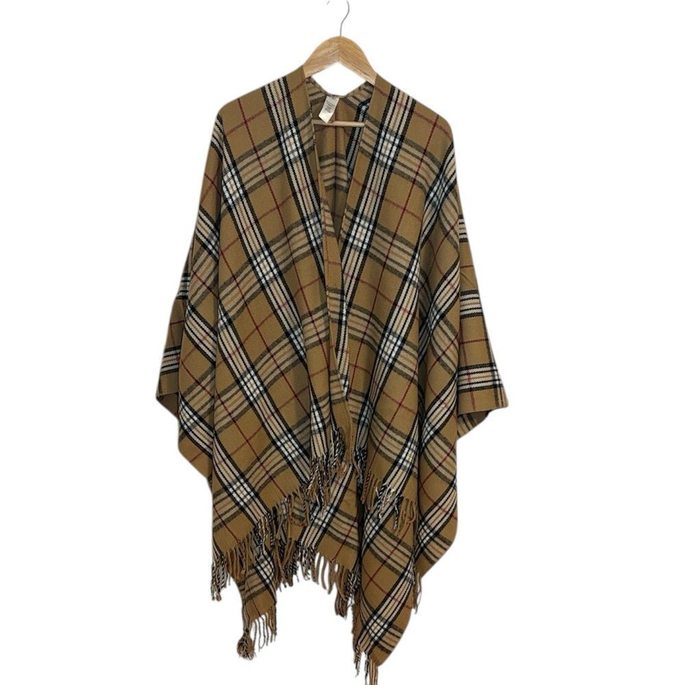 Worthington Poncho, open, cape, tan, red, black plaid